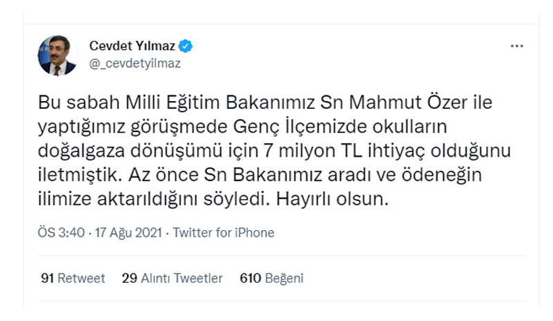 Genç`e doğalgaz dönüşümü için 7 milyon ödenek